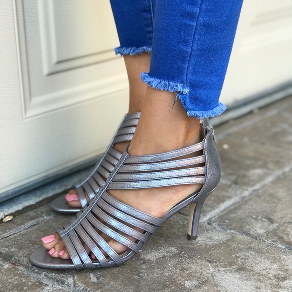 Metallic Silver Kitten Heel Caged Peep Toe Sandals - Picture 2 of 8